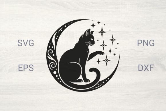 Decorative Moon with Black Cat and Stars: Magic for Your Designs