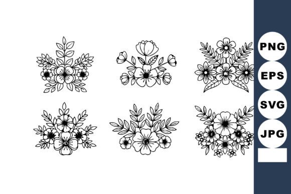Elegant Black & White: Floral Decorative Vector Set with Six El
