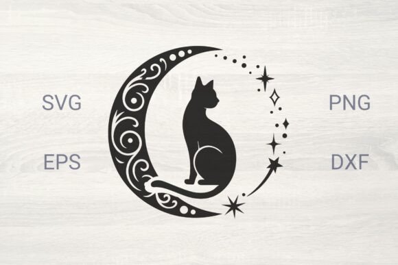 Magical Feline Graphics: Cat with Decorative Moon and Sparkles