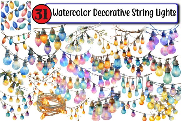 Watercolor Decorative String Lights: Versatile PNG Design Assets
